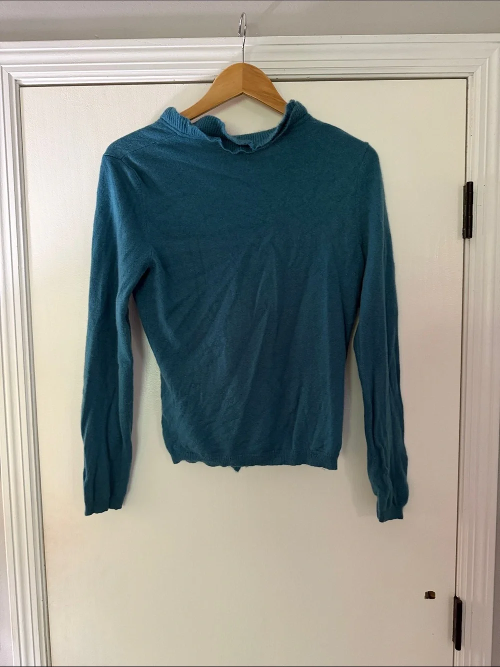 Garnet Hill 100% cashmere Ruffle cardigan size small Teal B161